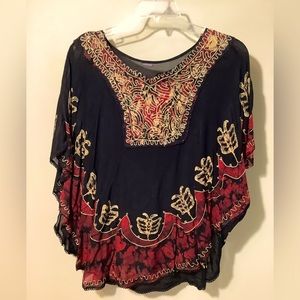 Marine free size poncho top with armholes embroidered rounded v-neck with notch